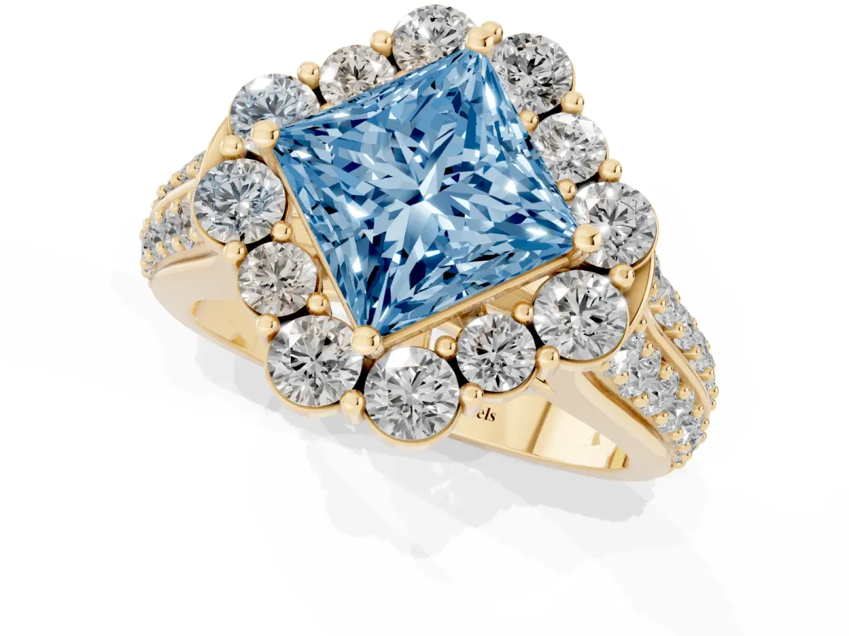 Fancy Blue Princess Cut Halo Diamond Engagement Ring with Split Shank and Prong Setting Yellow gold