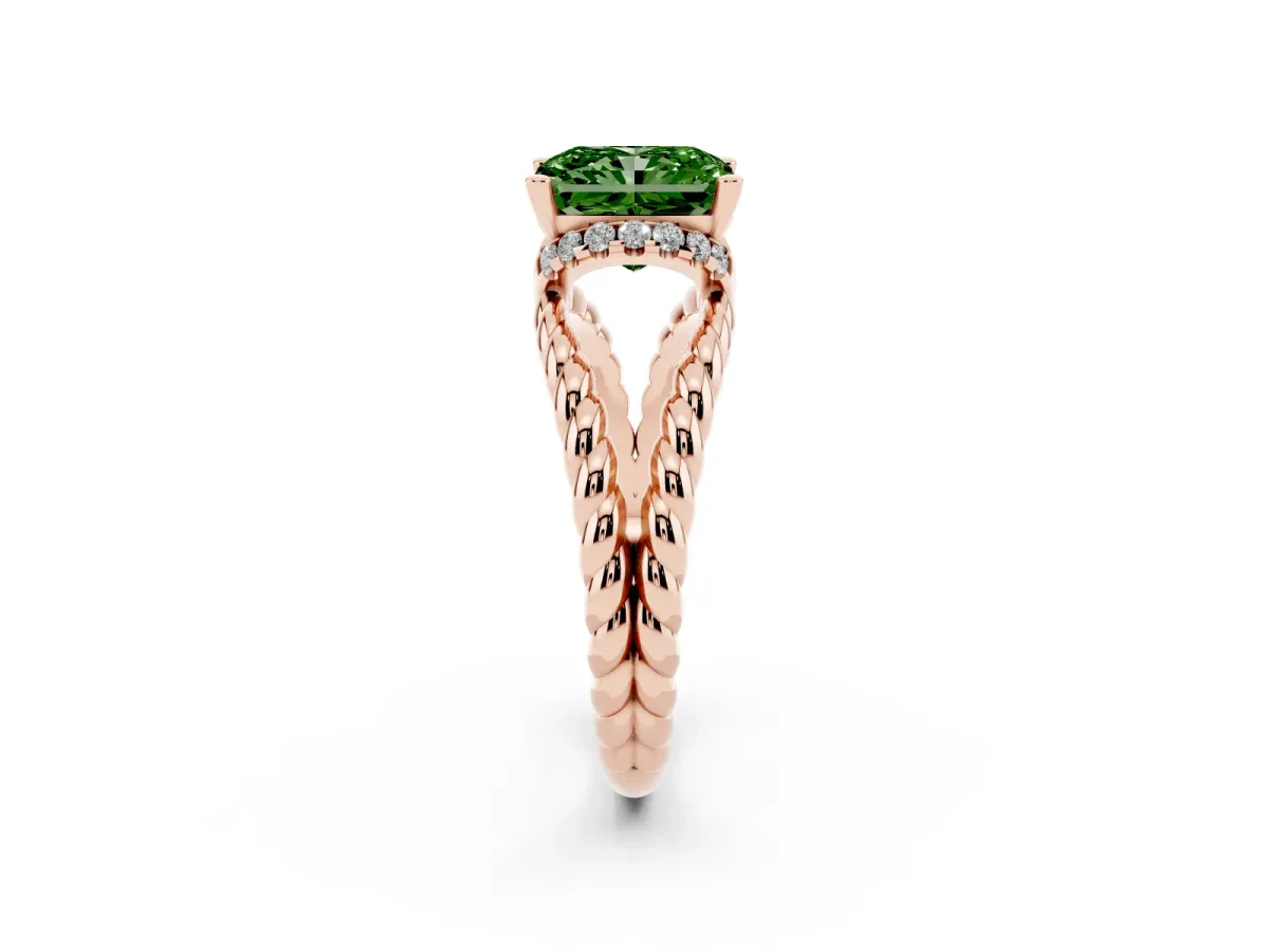 Fancy Green Radiant Cut Halo Twisted Band Four-Prong Ring Rose gold