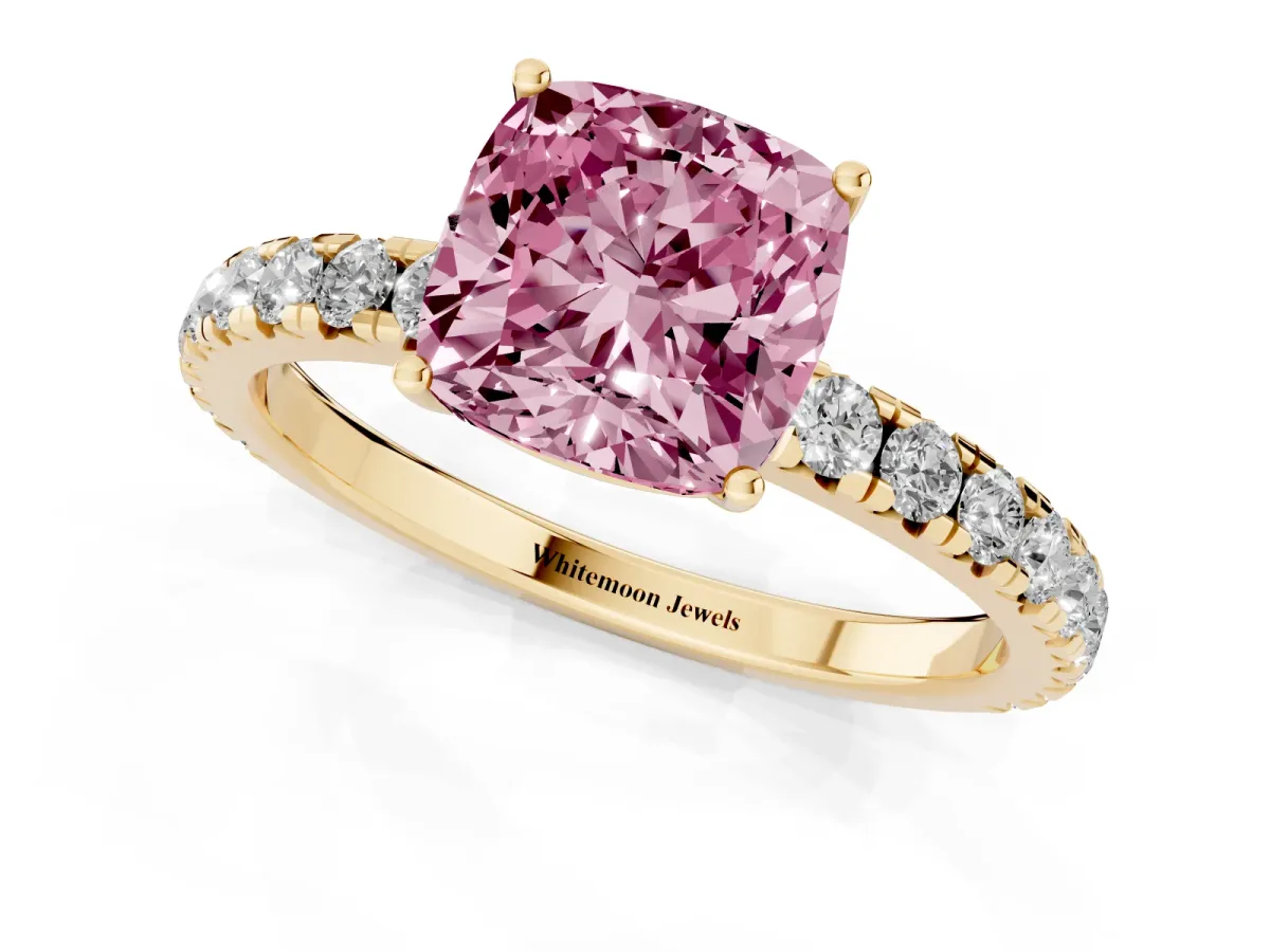 Fancy Pink Cushion Cut Diamond Pavé Solitaire Engagement Ring with Four-Prong Setting Yellow gold