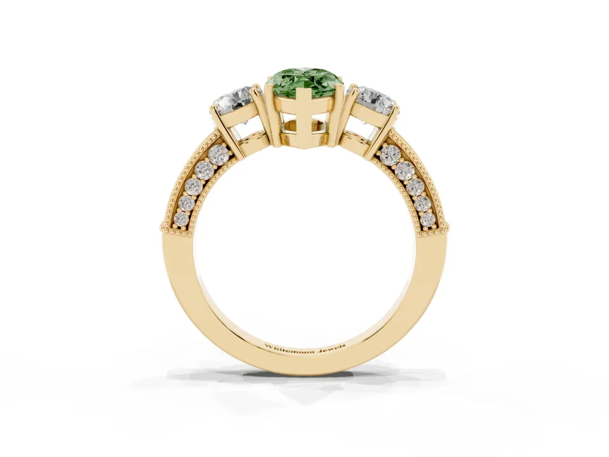 Fancy Green Marquise Cut Three-Stone Diamond Ring with Pavé Band and Four-Prong Setting Yellow gold