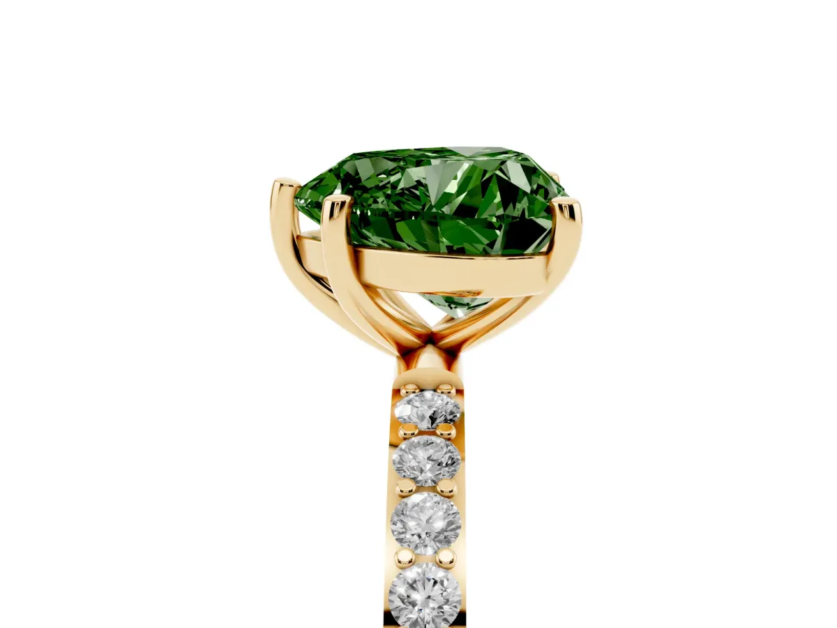 Fancy Green Heart Cut Diamond Solitaire Ring with Round Pavé Shoulders and Prong Setting Yellow gold