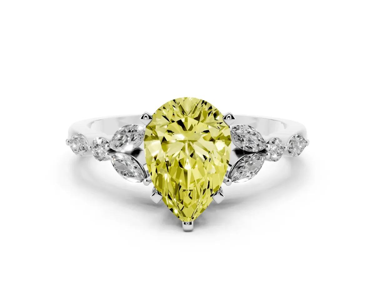 Fancy Yellow Pear Cut Diamond Solitaire Ring with Side Stones and Four-Prong Setting Platinum