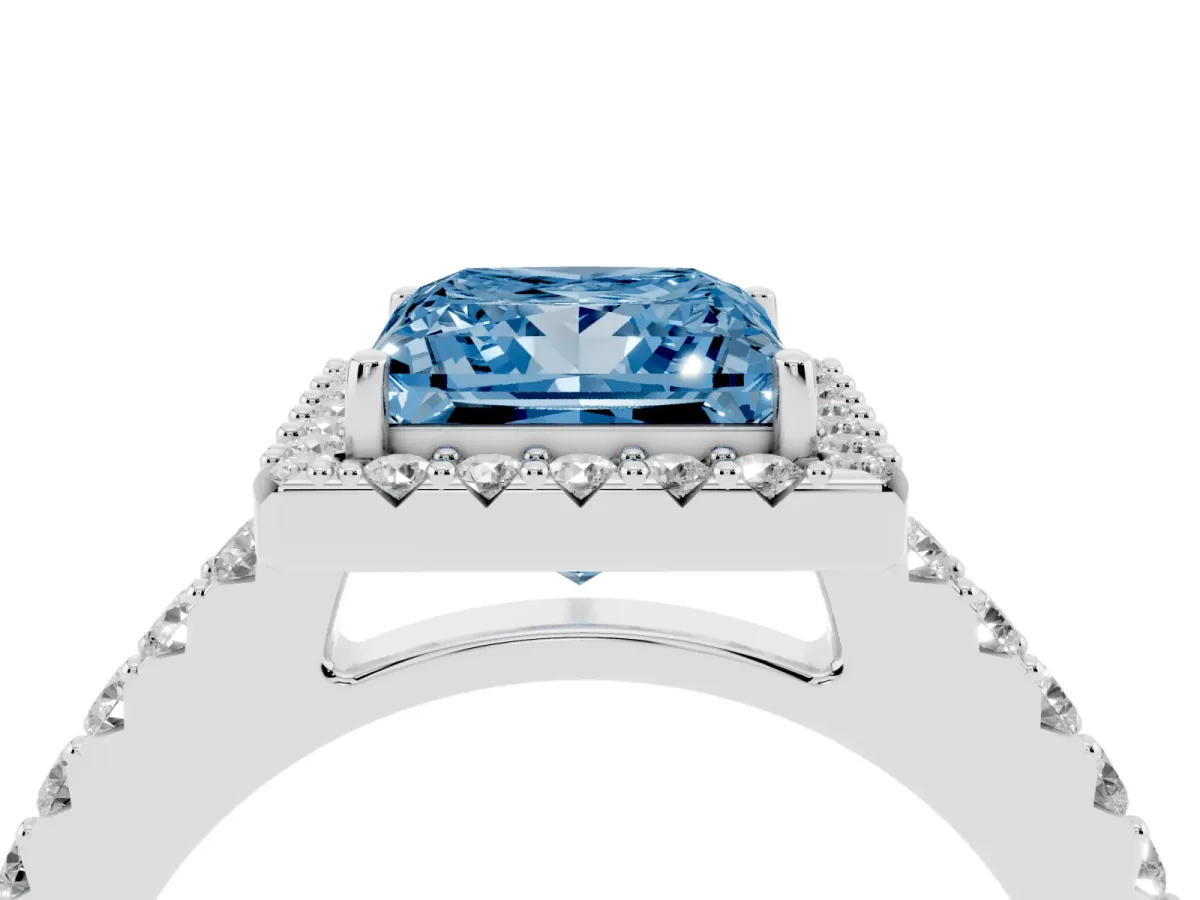 Fancy Blue Princess Cut Halo Diamond Pavé Solitaire Ring Platinum
