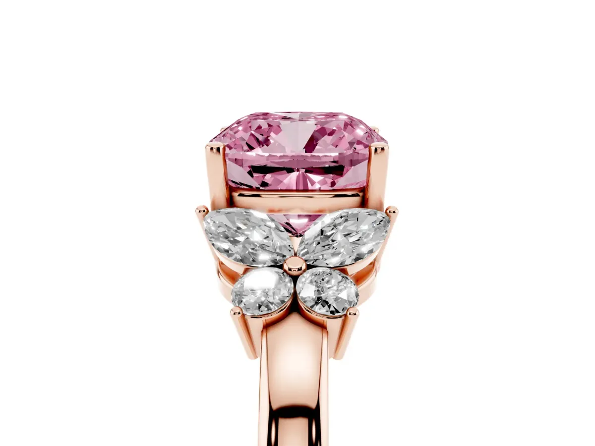 Fancy Pink Cushion Cut Cut Solitaire Floral Diamond Ring with Four-Prong Setting Rose gold