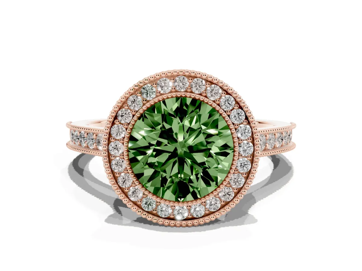 Fancy Green Halo Round Cut-Cut Diamond Pave Band Milgrain Prong Setting Ring Rose gold