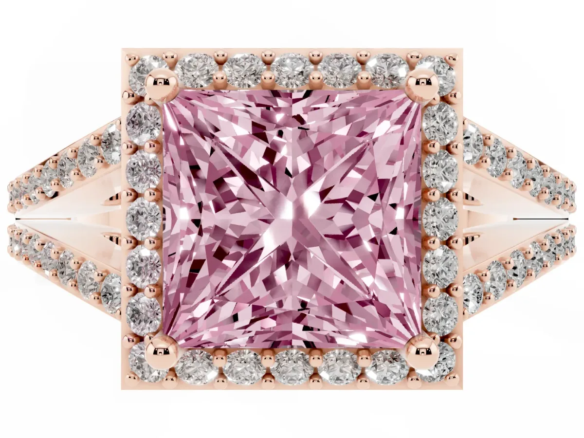Fancy Pink Princess Cut Halo Split Shank Pave Diamond Ring with Four-Prong Setting Rose gold