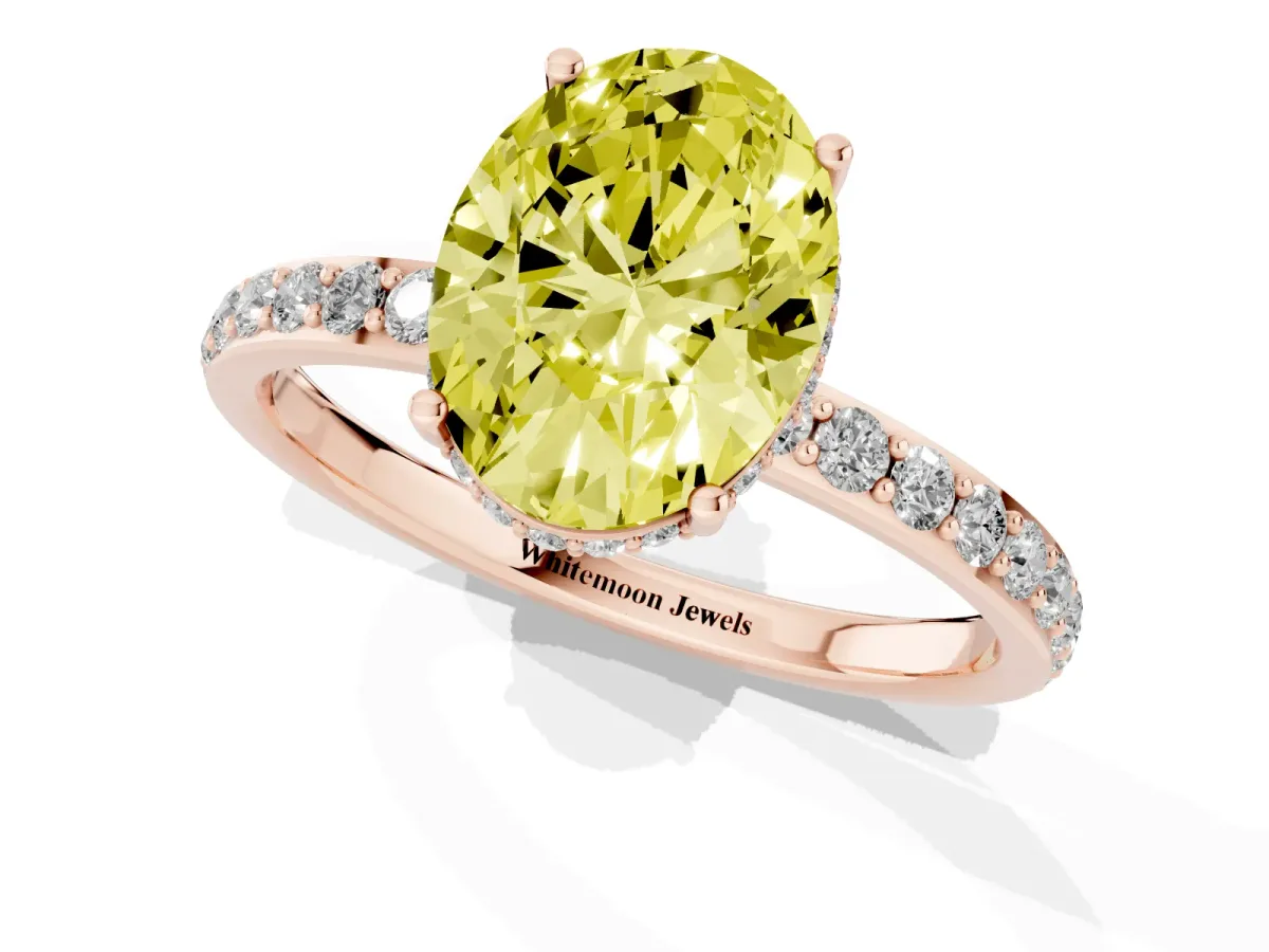 Fancy Yellow Oval Cut Diamond Solitaire Ring with Pavé Band and Hidden Halo Rose gold