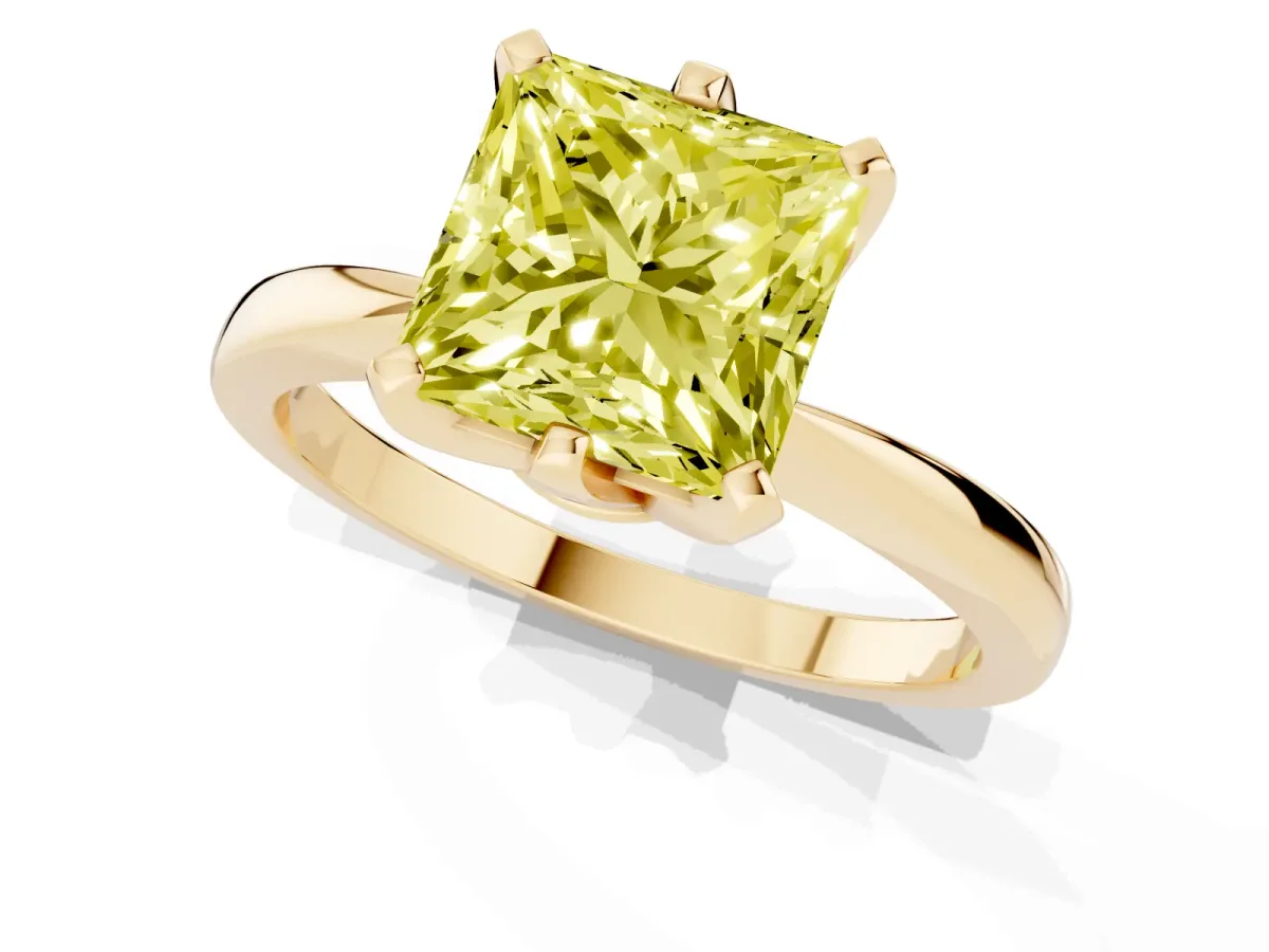 Fancy Yellow Princess Cut Solitaire Engagement Ring with Six-Prong Setting and Tapered Band Yellow gold