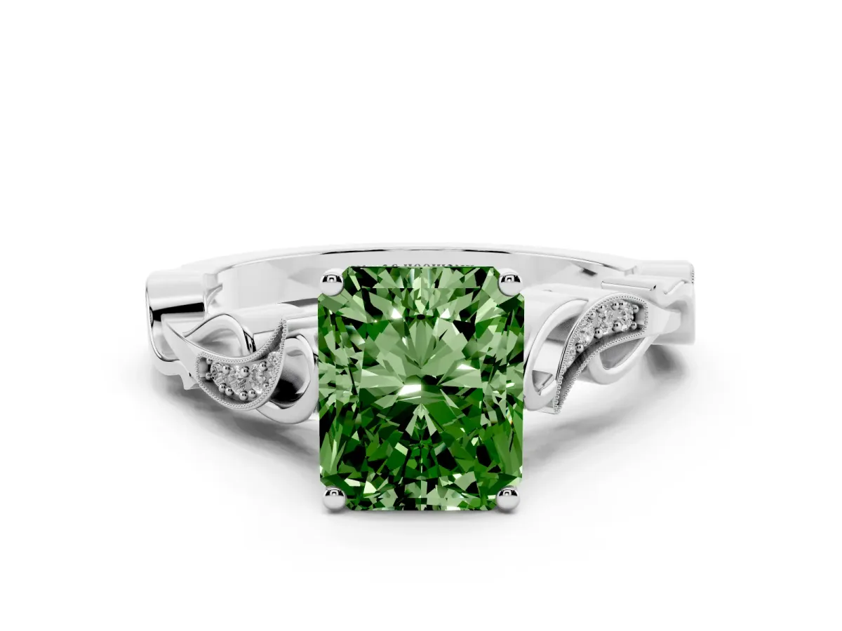 Fancy Green Radiant Cut Solitaire Vine Band with Milgrain Prong Setting Silver