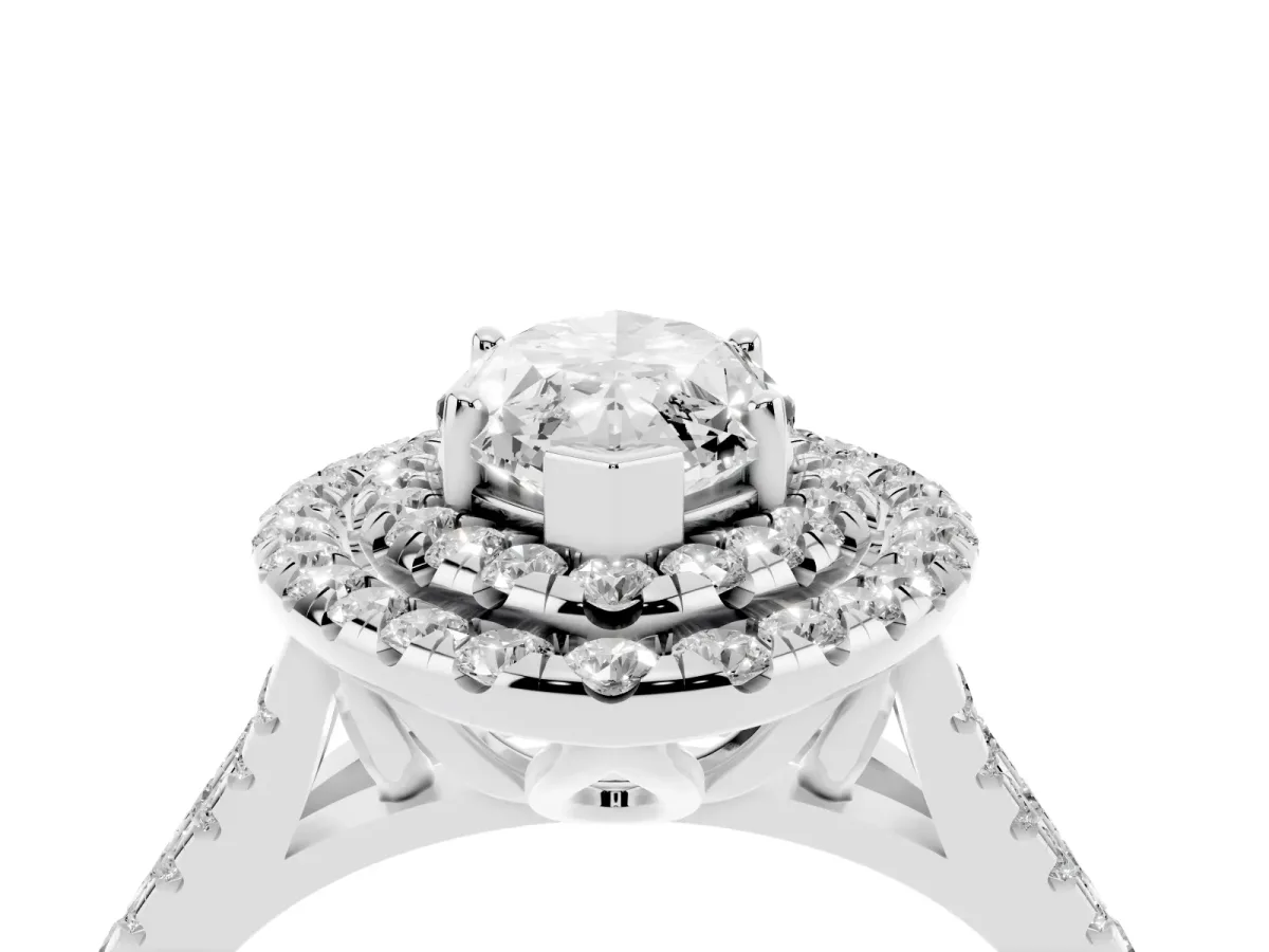 Double Halo Marquise Cut Diamond Pavé Split Shank Ring with Prong Setting Silver