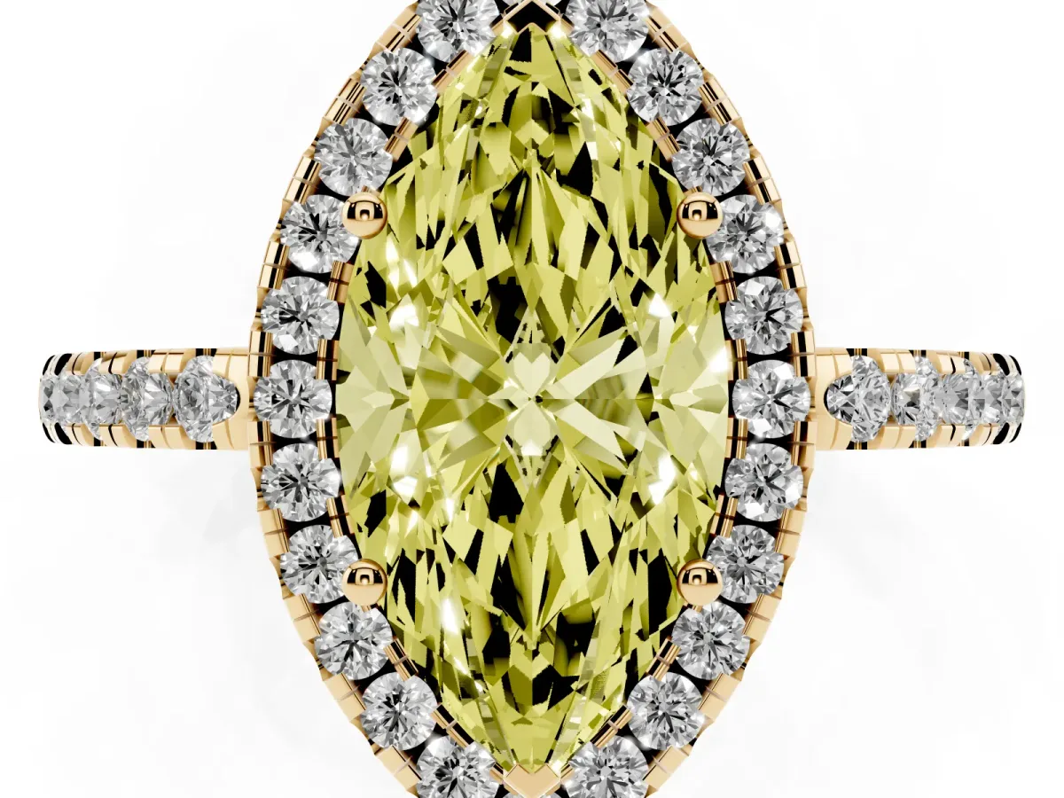 Fancy Yellow Marquise Cut Halo Diamond Engagement Ring with Pavé Band and Four-Prong Setting Yellow gold