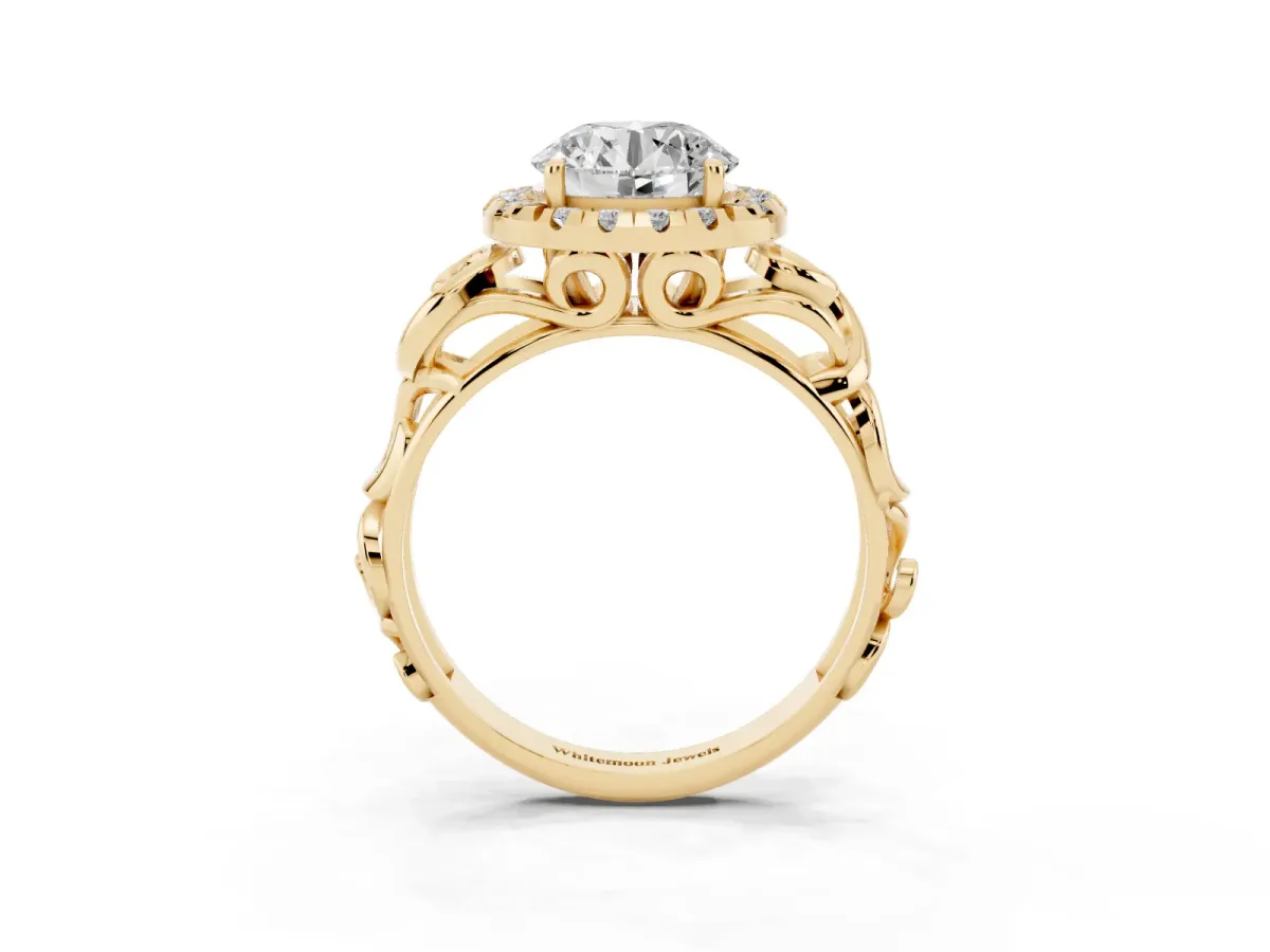 Round Cut Cut Halo Diamond Ring with Scrollwork Band and Four-Prong Setting Yellow gold