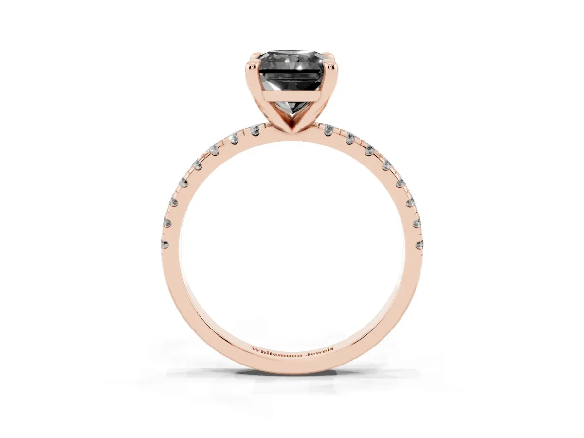 Fancy Black Radiant Cut Diamond Brilliant Solitaire Ring with Pavé Band and Four-Prong Setting Rose gold