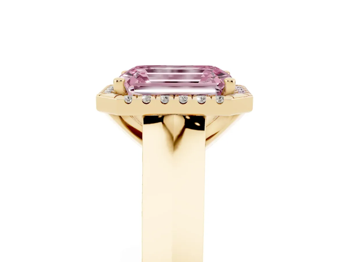 Fancy Pink Emerald Cut Halo Diamond Ring with Cathedral Band and Four-Prong Setting Yellow gold