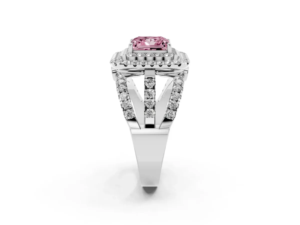 Fancy Pink Princess Cut Diamond Double Halo Ring with Round Pavé Split Shank and Prong Setting Silver