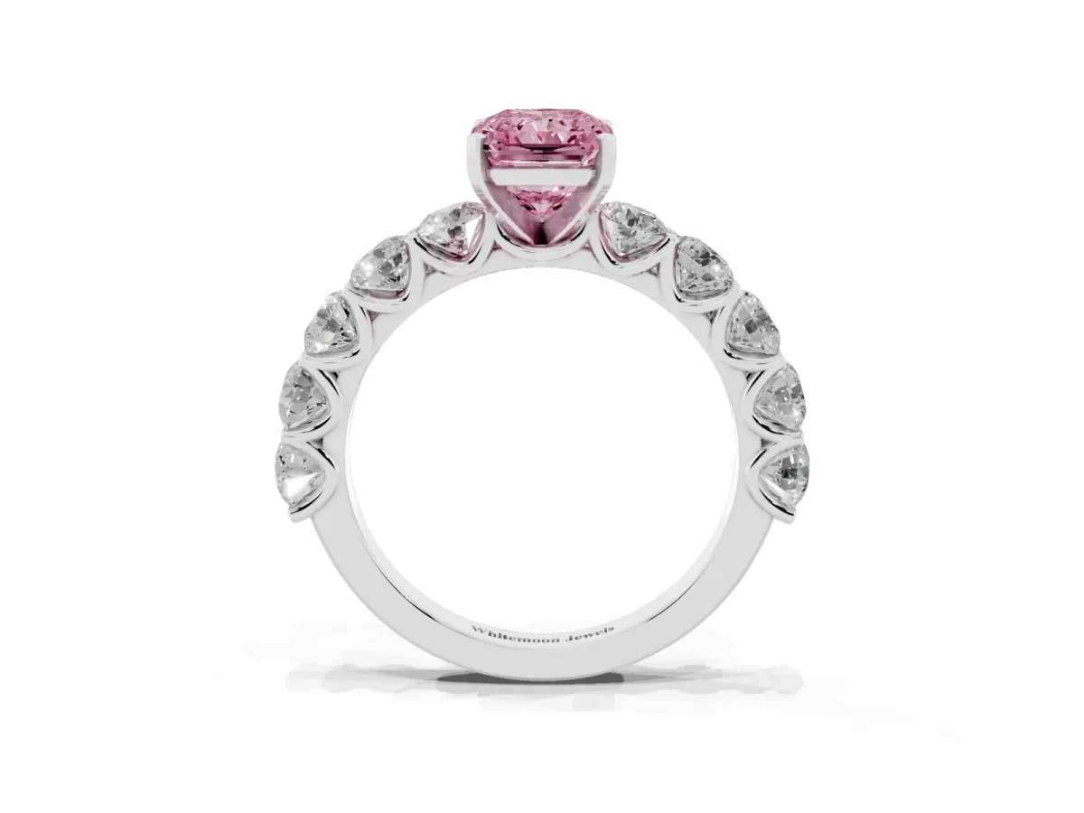 Fancy Pink Radiant Cut Diamond Prong Setting with Side Stones on a Pave Band Silver