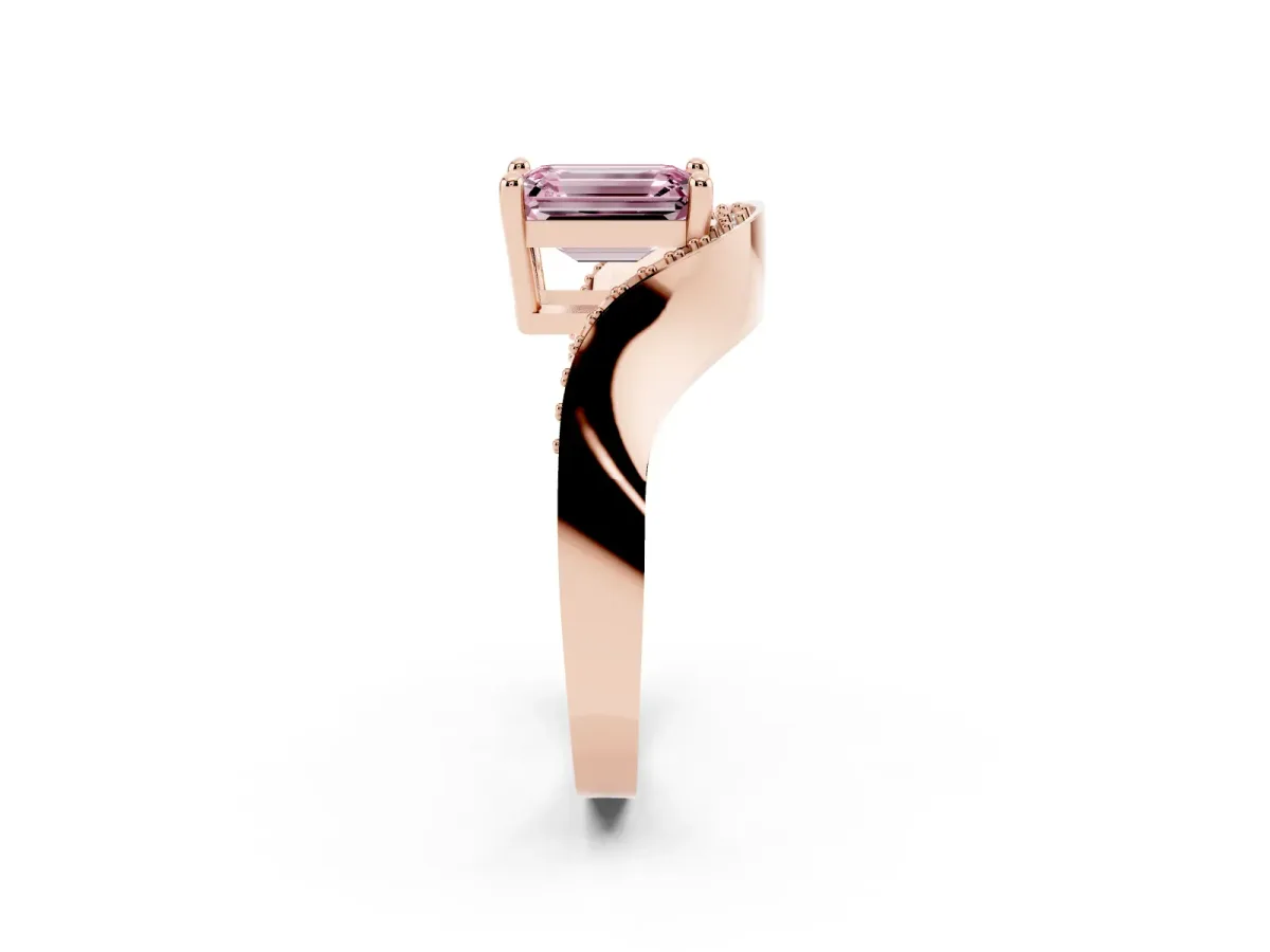 Fancy Pink Emerald Cut Solitaire Diamond Engagement Ring with Pave Band and Four-Prong Setting Rose gold