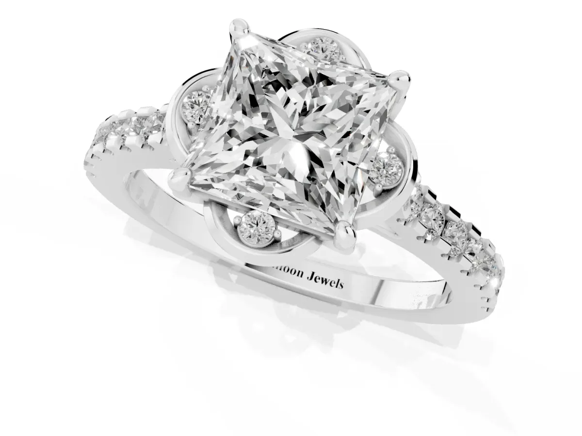 Princess Cut Diamond Ring with Pavé Band and Floral Prong Setting Silver
