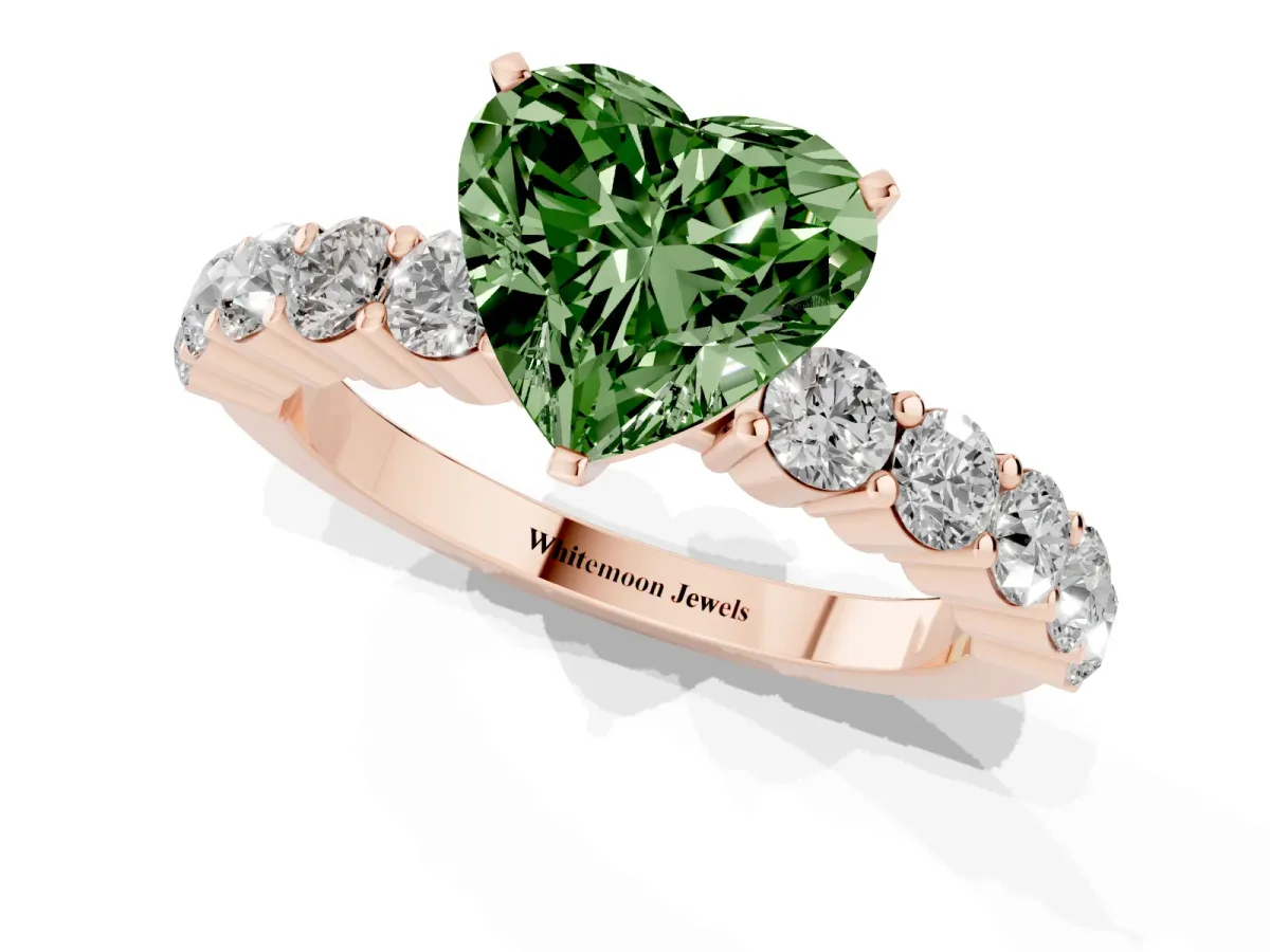 Fancy Green Heart Cut Diamond Solitaire Ring with Shared Prong Round Side Stones Rose gold