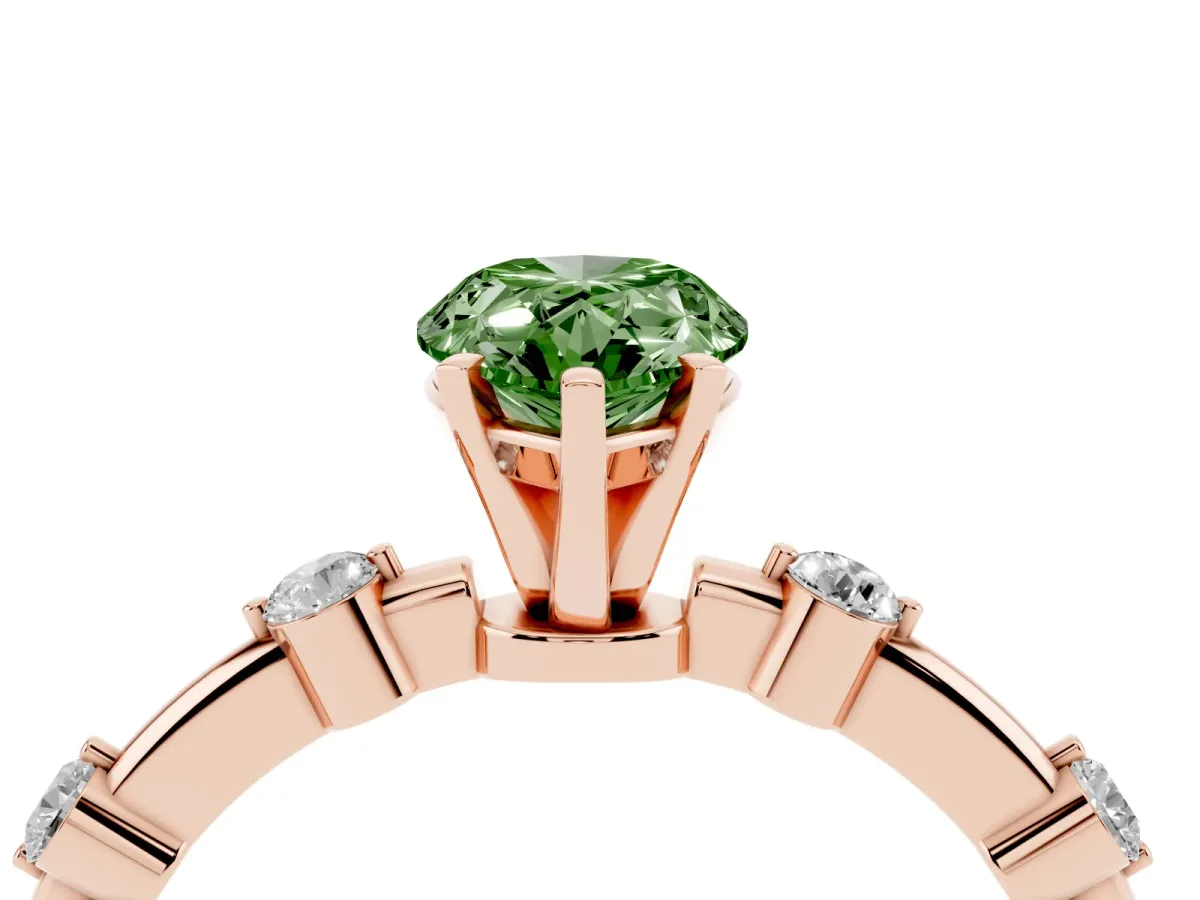 Fancy Green Pear Cut Solitaire Diamond Ring with Bezel Set Side Stones and Prong Setting Rose gold