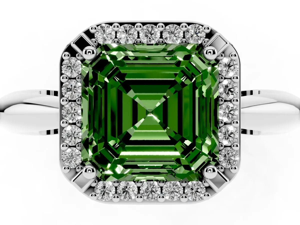 Fancy Green Asscher Cut Cut Diamond Halo Engagement Ring with Split Shank and Four-Prong Setting Silver