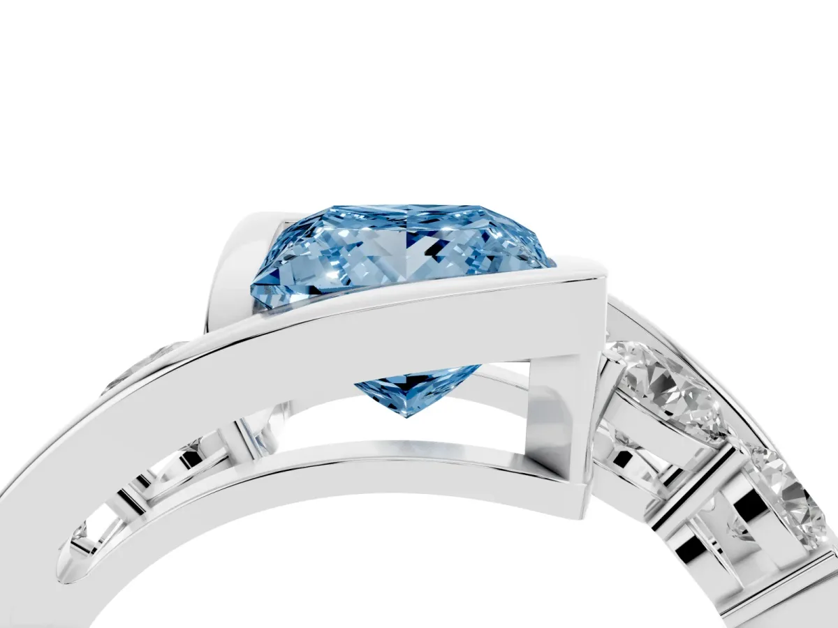 Fancy Blue Bezel Set Princess Cut Diamond Bypass Ring with Round Accents Platinum