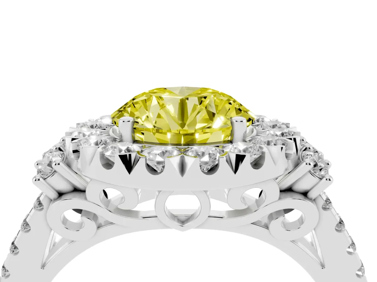Fancy Yellow Round Cut Cut Double Halo Diamond Engagement Ring with Pave Band and Four-Prong Setting Platinum