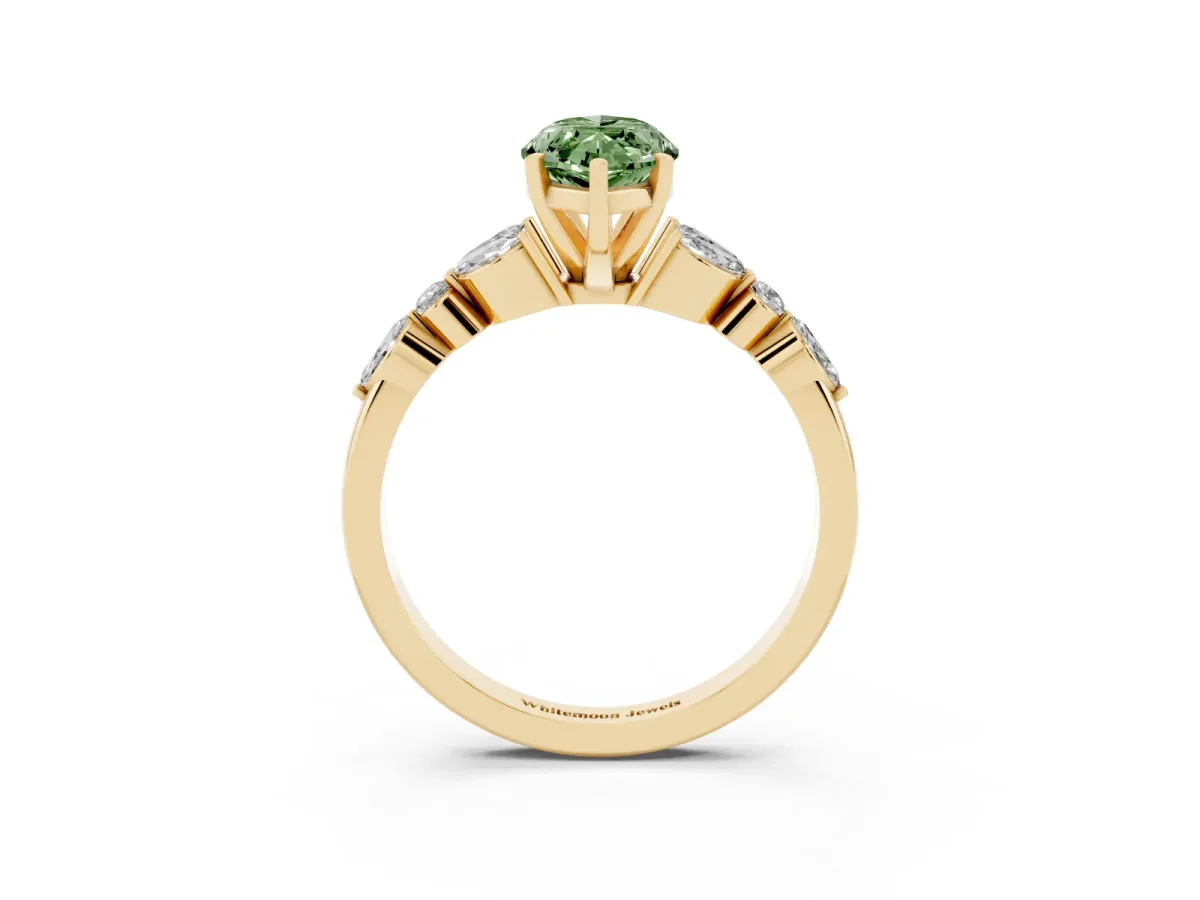 Fancy Green Marquise Cut Diamond Solitaire Ring with Side Stones and Four-Prong Setting Yellow gold