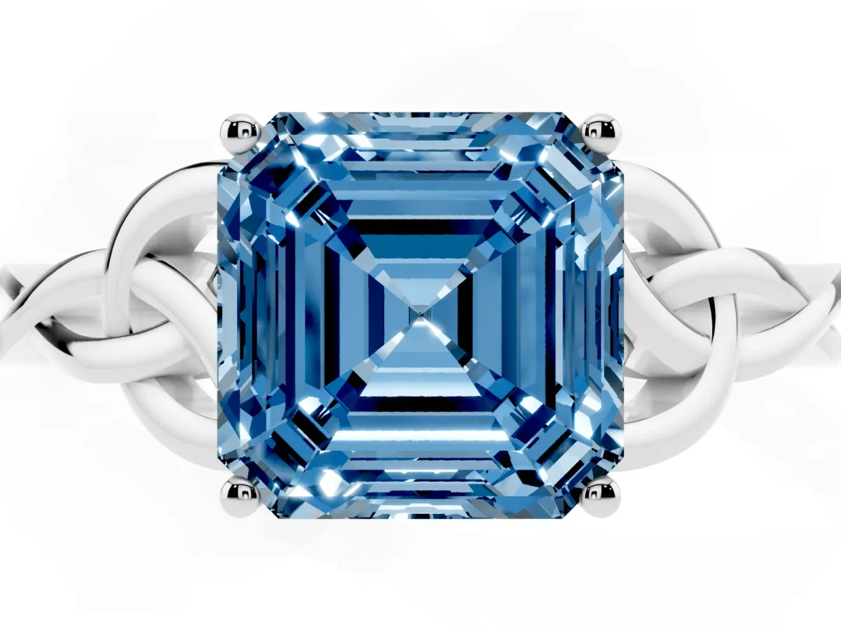Fancy Blue Asscher Cut Diamond Solitaire Engagement Ring with Celtic Knot Band and Four-Prong Setting Silver