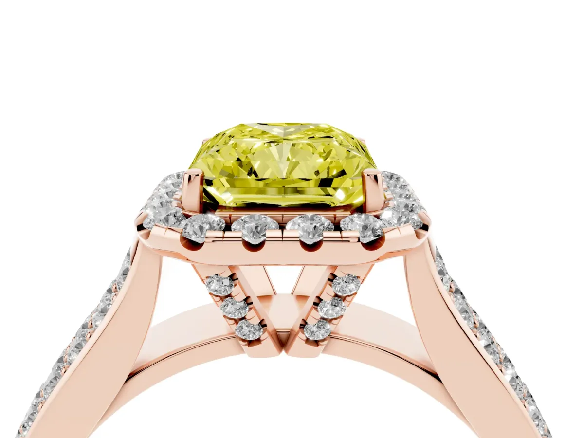 Fancy Yellow Radiant Cut Halo Round Diamond Pave Band with Prong Setting Rose gold