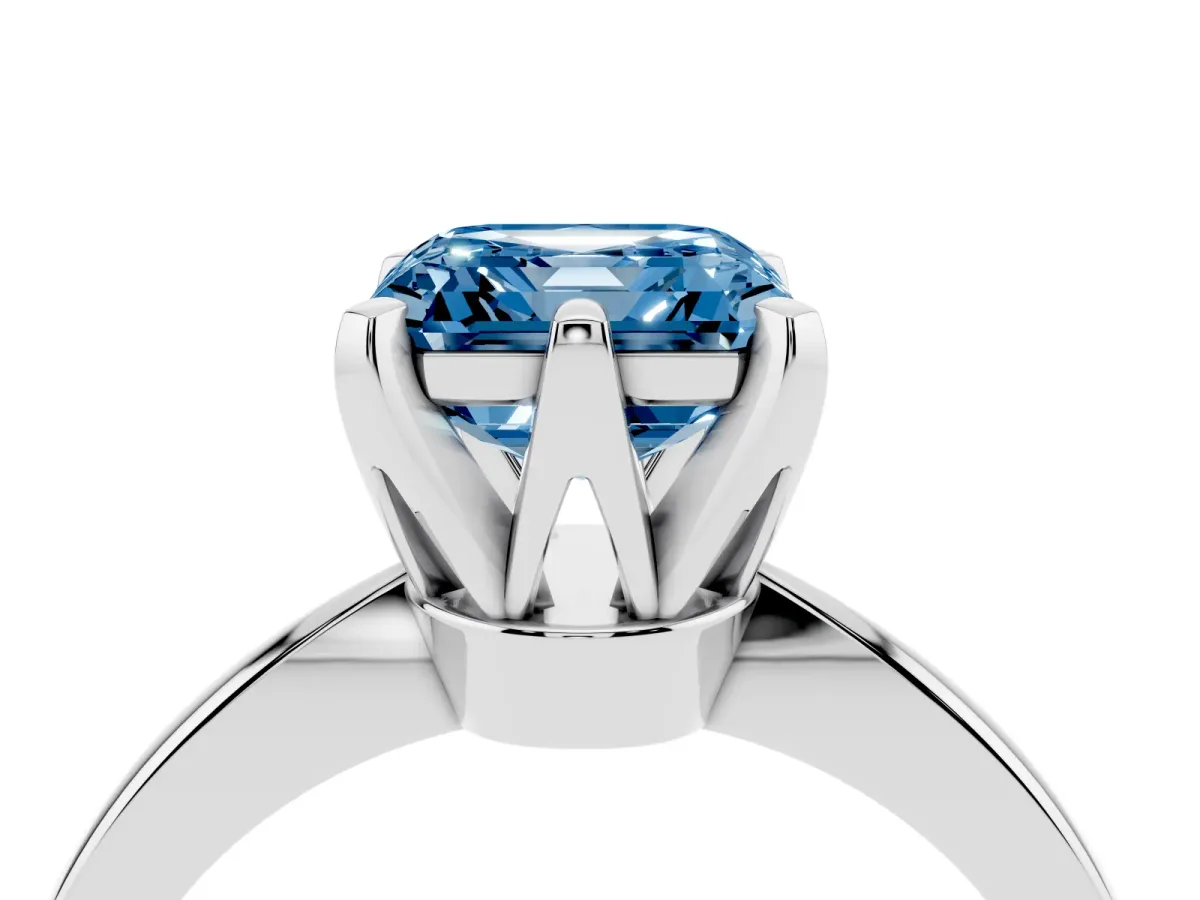 Fancy Blue Asscher Cut Solitaire Engagement Ring with Six-Prong Setting and Tapered Band White gold