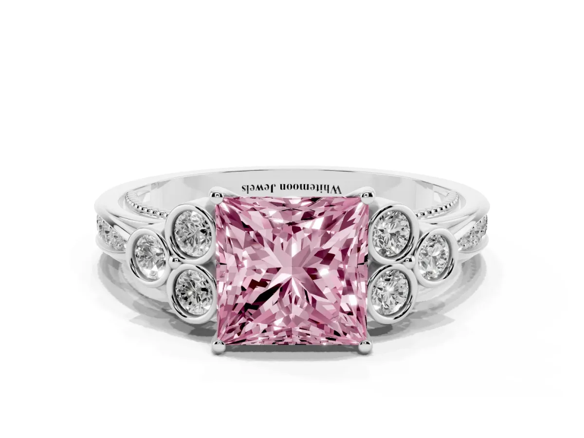 Fancy Pink Princess Cut Cut Diamond Engagement Ring with Bezel Set Round Side Stones and Prong Setting Silver
