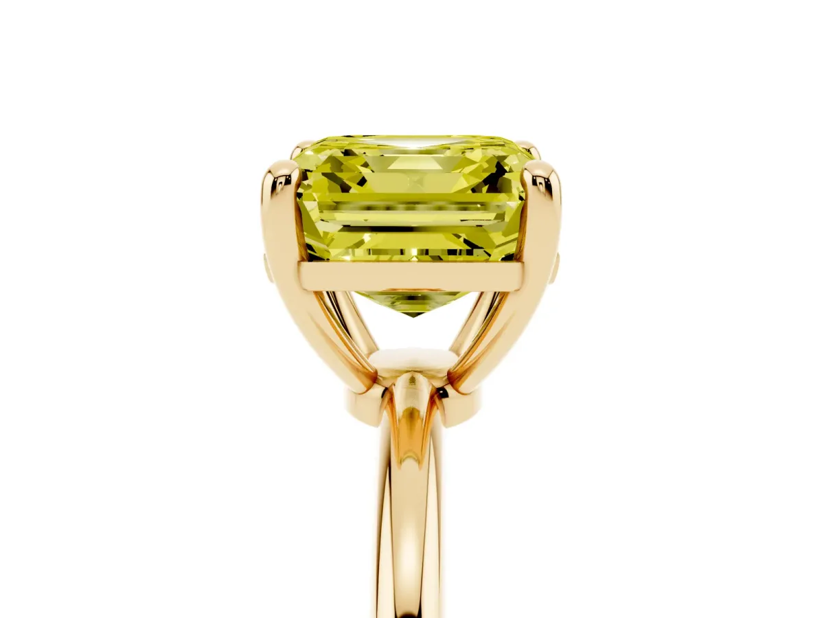 Fancy Yellow Asscher Cut Solitaire Diamond Ring with 4-Prong Setting on a Classic Band Yellow gold