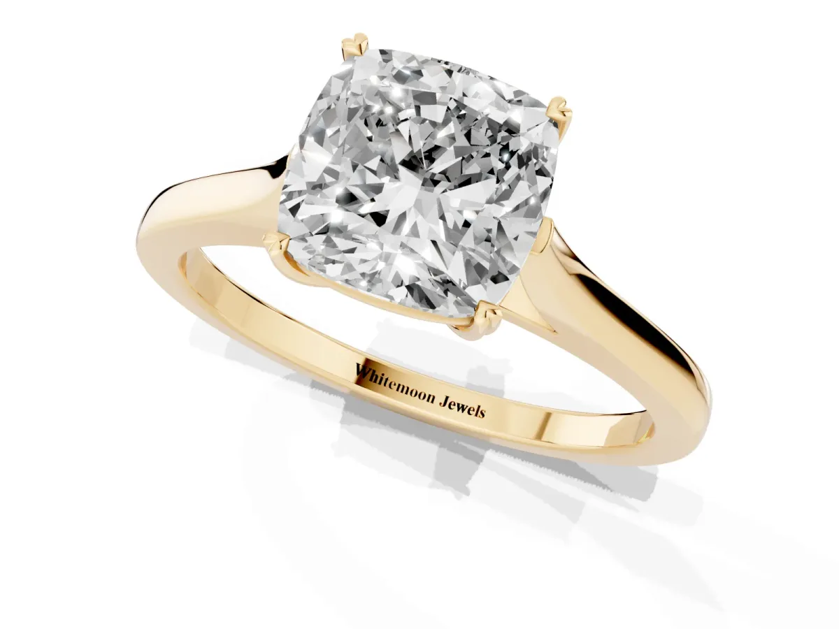 Cushion Cut Solitaire Heart Prong Engagement Ring with Tapered Band Yellow gold