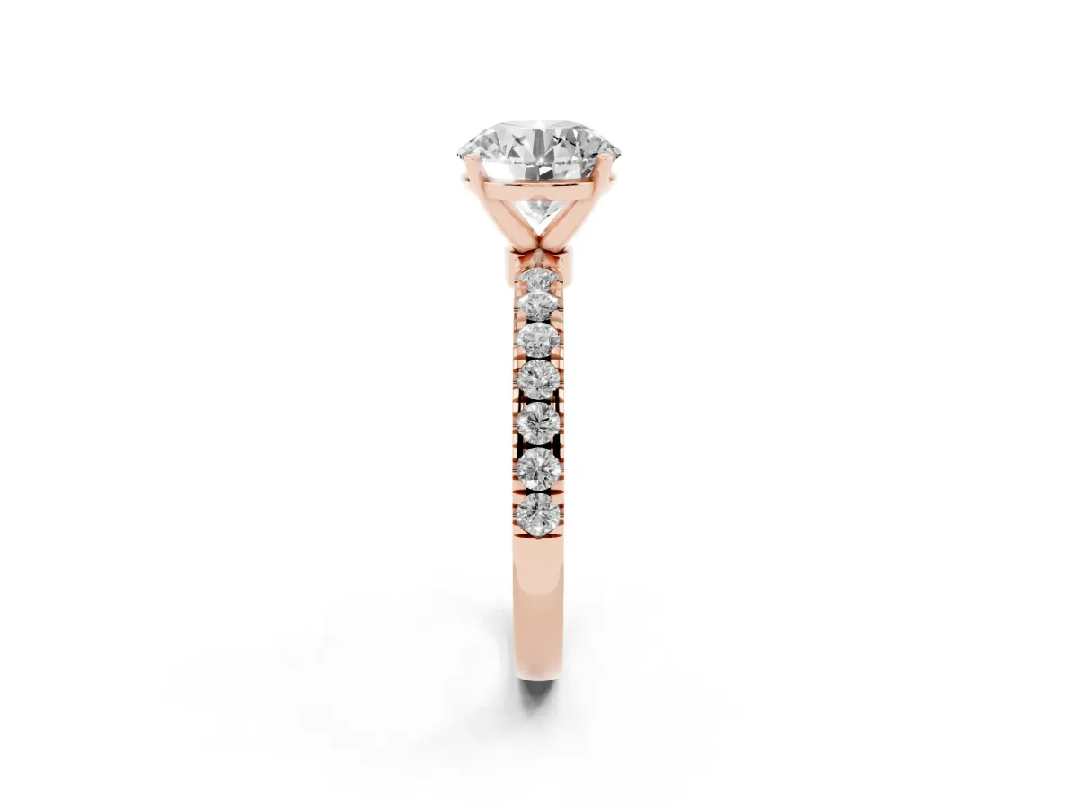 Round Cut Diamond Solitaire Ring with Pavé Accents and Four-Prong Setting Rose gold