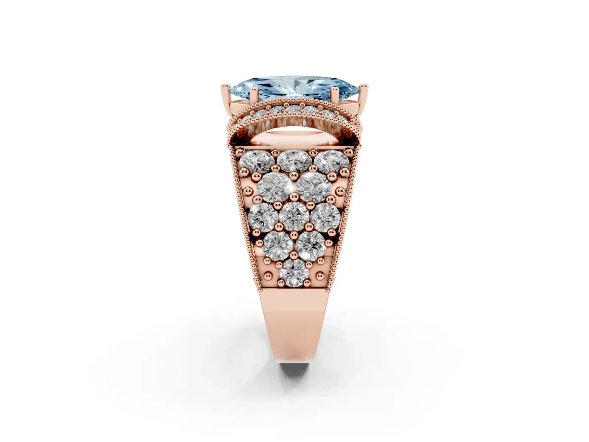 Fancy Blue Marquise Cut Halo Pave Diamond Engagement Ring with Milgrain Detailing Rose gold