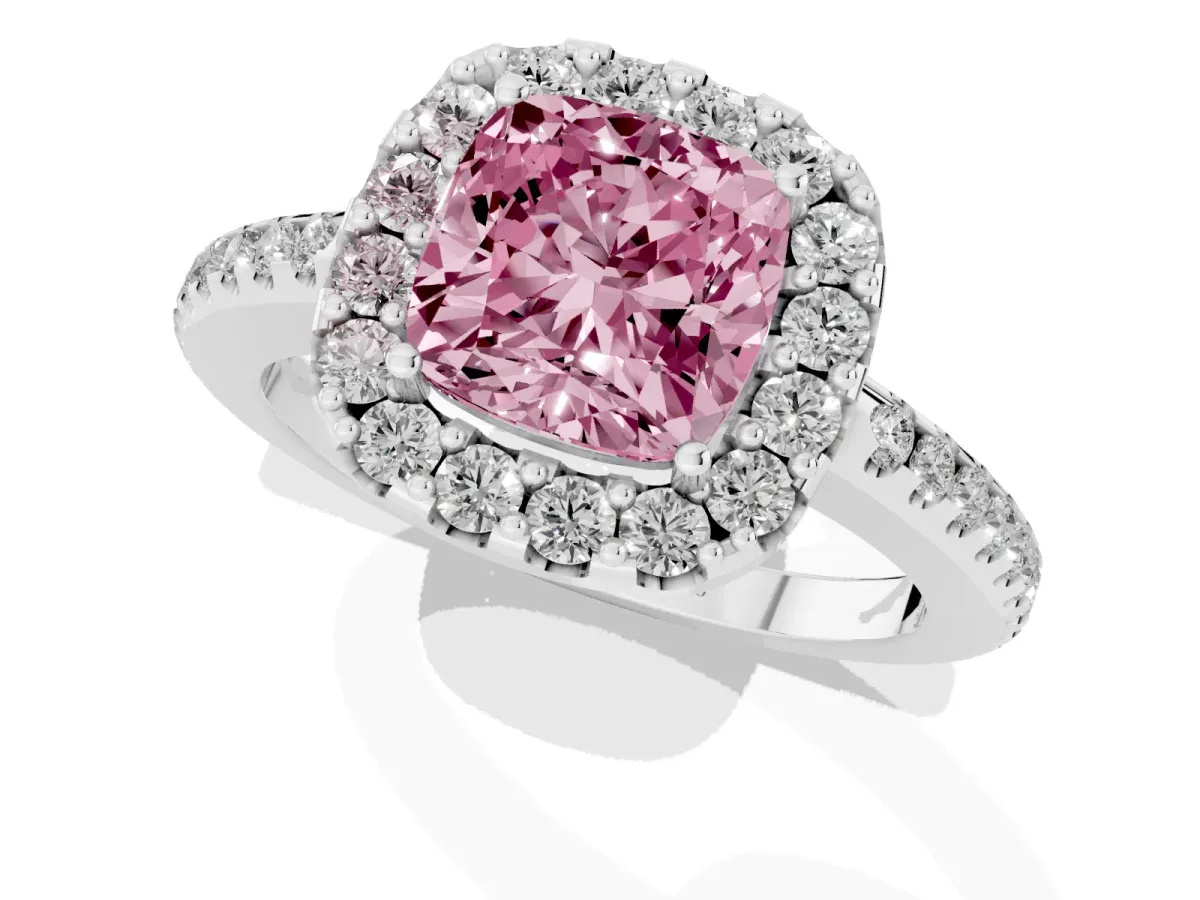 Fancy Pink Cushion Cut Diamond Pavé Halo Ring with Four-Prong Setting Silver