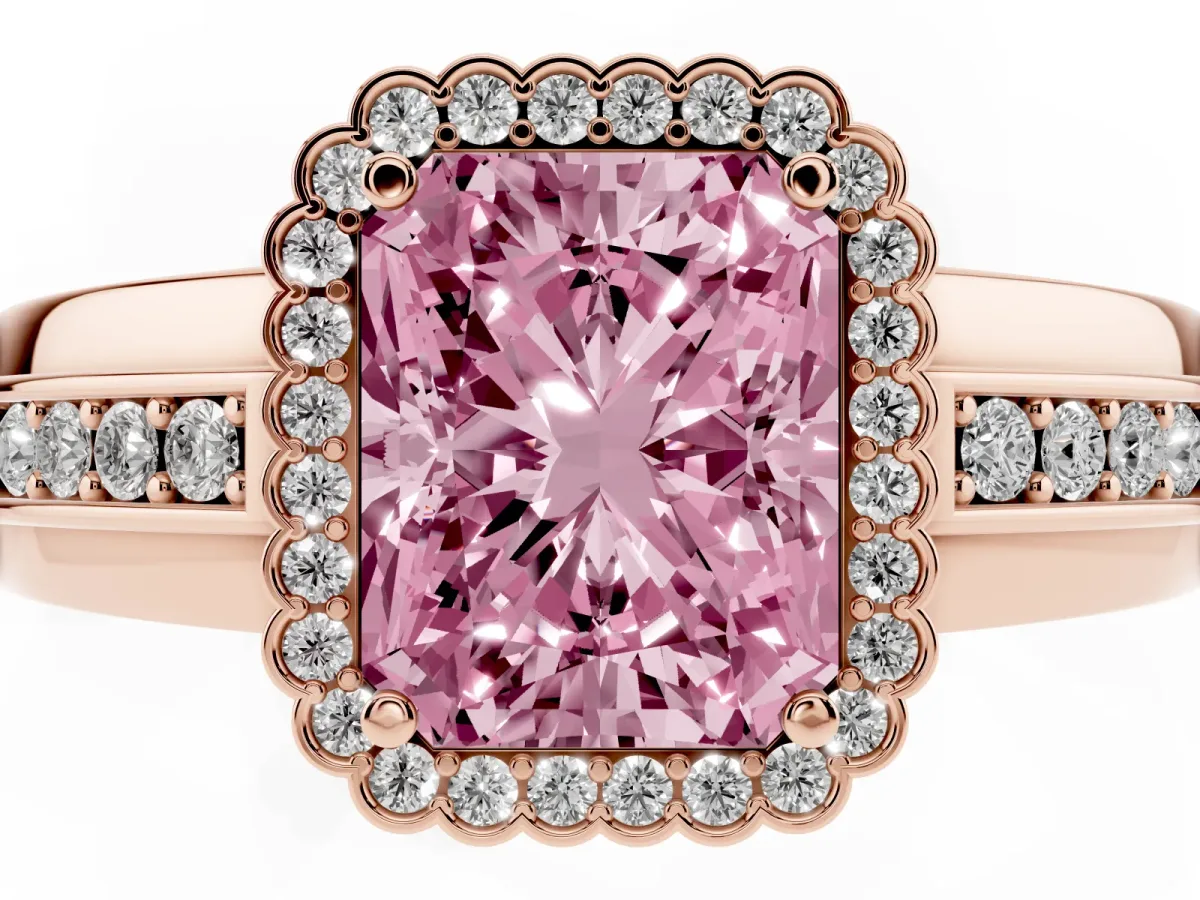Fancy Pink Radiant Cut Cut Halo Pave Band Four-Prong Ring Rose gold