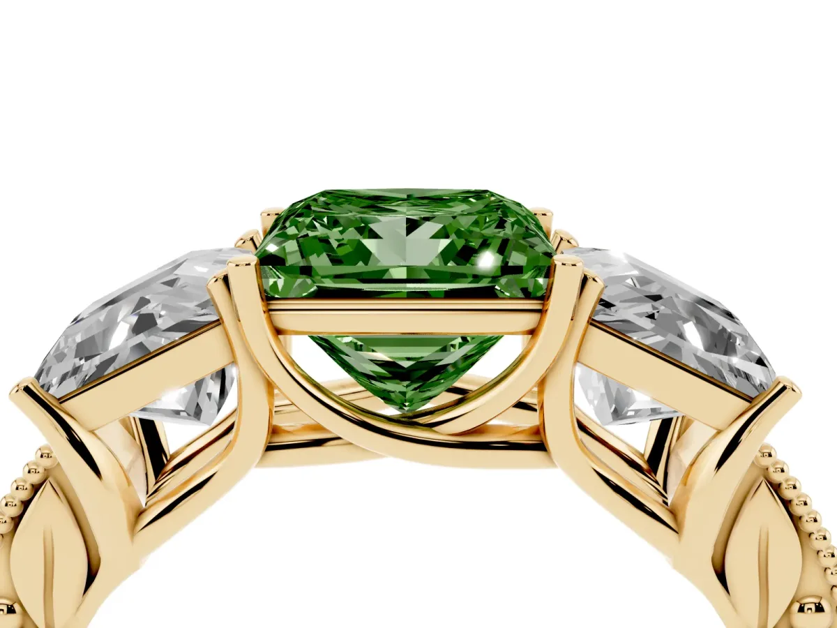 Fancy Green Three-Stone Princess Cut Cut Milgrain Pavé Engagement Ring Yellow gold