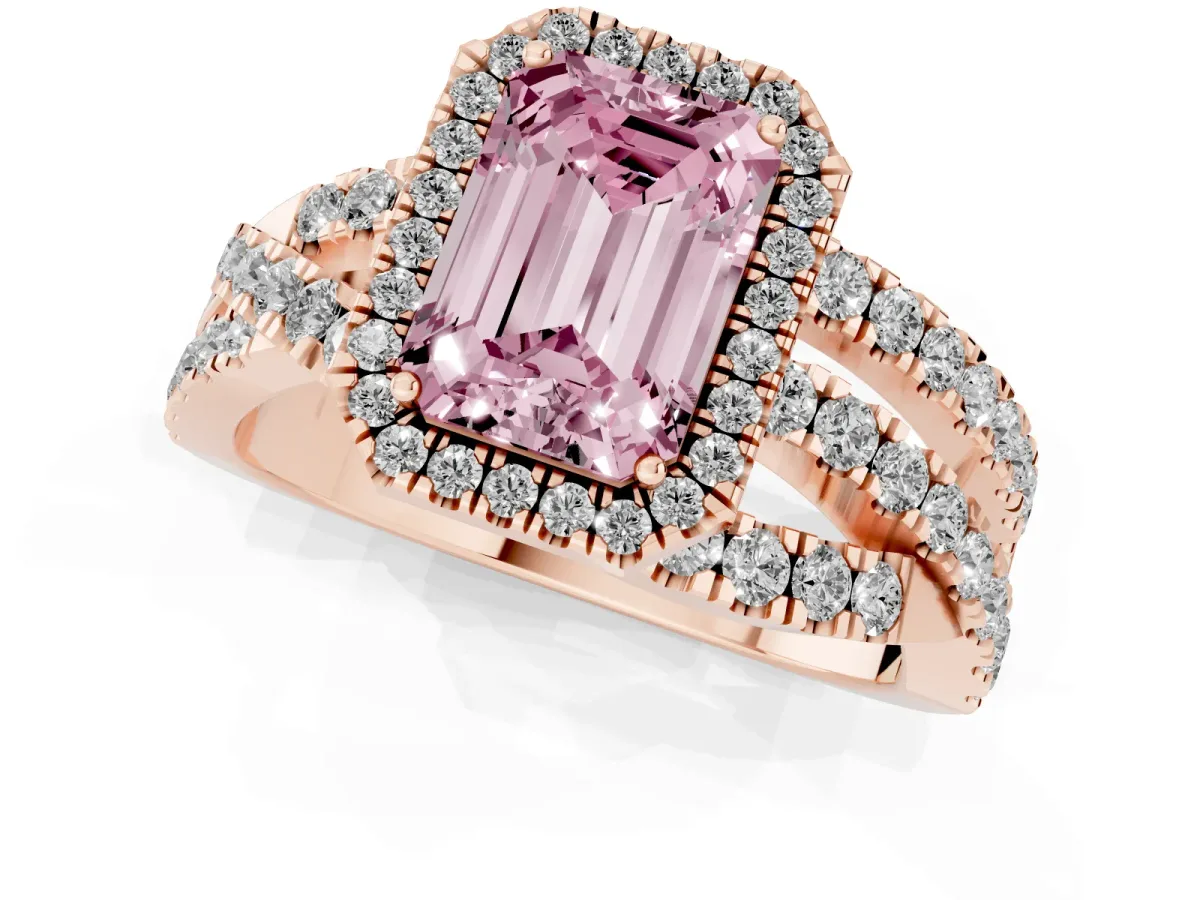 Fancy Pink Emerald Cut Diamond Halo Ring with Round Split Shank and Prong Setting Rose gold