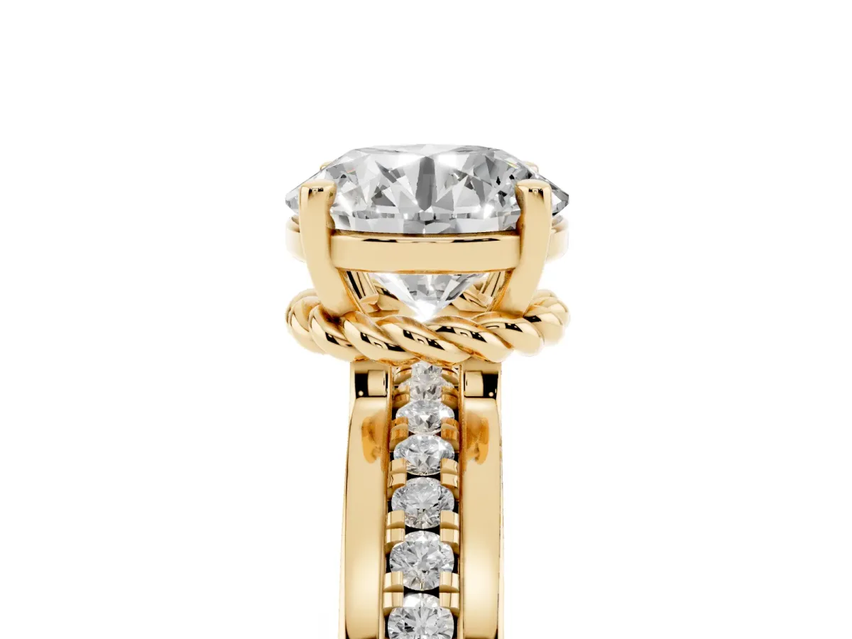 Round Cut Solitaire Diamond Ring with Channel Set Band and Six-Prong Setting Yellow gold