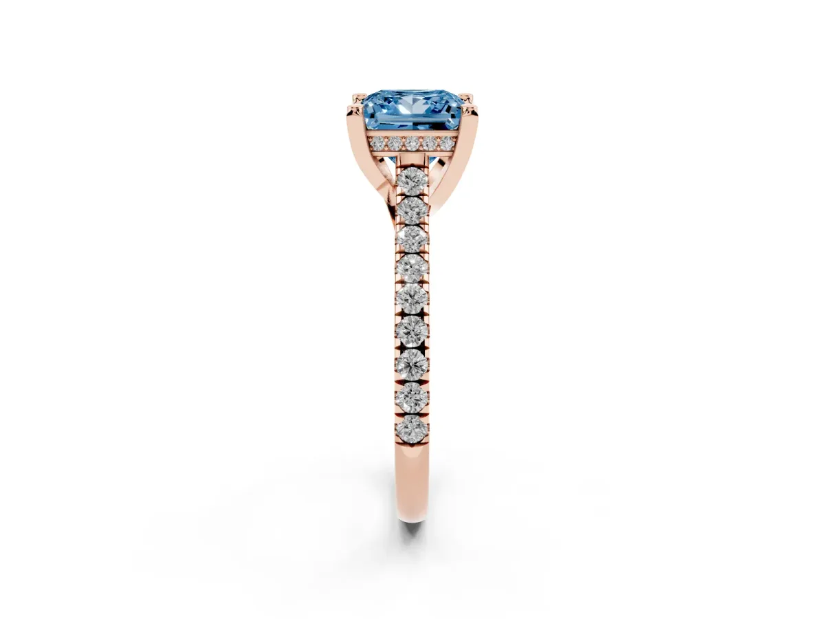 Fancy Blue Princess Cut Brilliant Diamond Solitaire with Pavé Band and Four-Prong Setting Rose gold