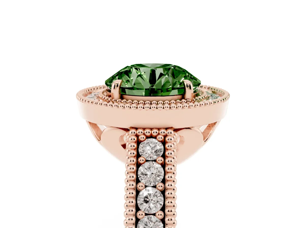Fancy Green Round Cut Cut Halo Diamond Ring with Pavé Band and Four-Prong Setting Rose gold