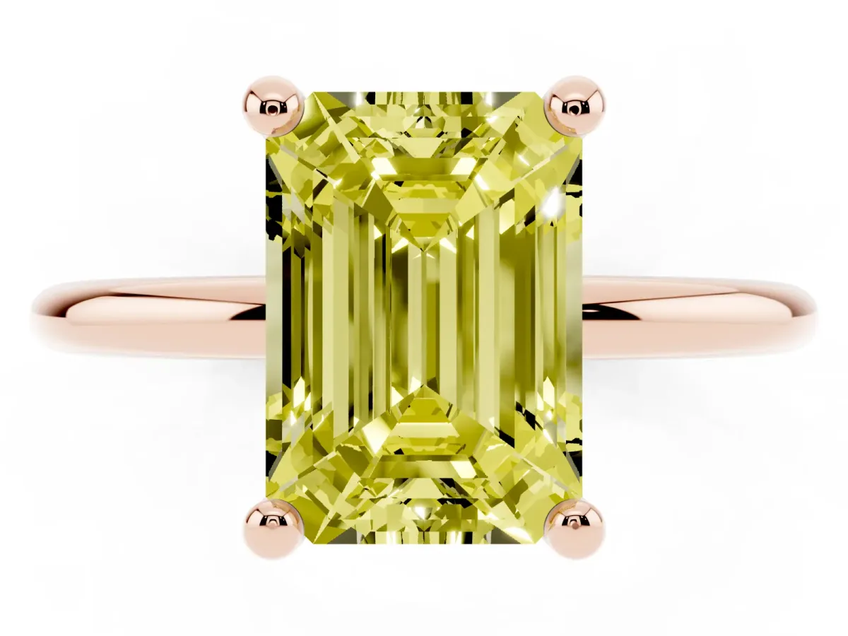 Fancy Yellow Emerald Cut Solitaire Diamond Ring with 4-Prong Setting on a Classic Band Rose gold