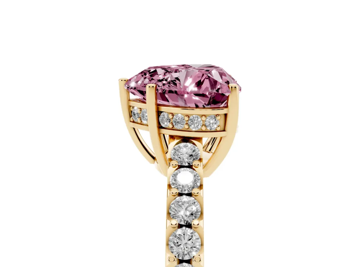 Fancy Pink Heart Cut Solitaire Diamond Engagement Ring with Pavé Band and Six-Prong Setting Yellow gold