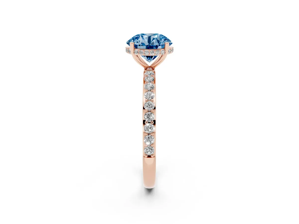 Fancy Blue Round Cut Diamond Solitaire Ring with Pavé Band and Hidden Halo Rose gold