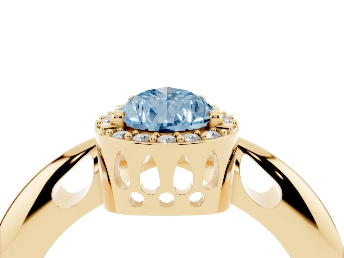Fancy Blue Pear Cut Cut Diamond Halo Engagement Ring with Split Shank and Four-Prong Setting Yellow gold