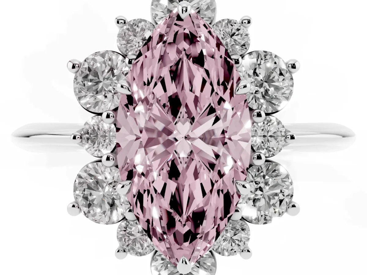 Fancy Pink Marquise Cut Diamond Cluster Halo Ring with Solitaire Band and Four-Prong Setting Silver
