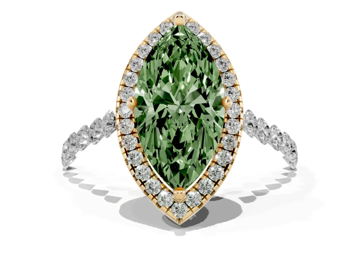 Fancy Green Marquise Cut Halo Pavé Diamond Engagement Ring with Four-Prong Setting Yellow gold