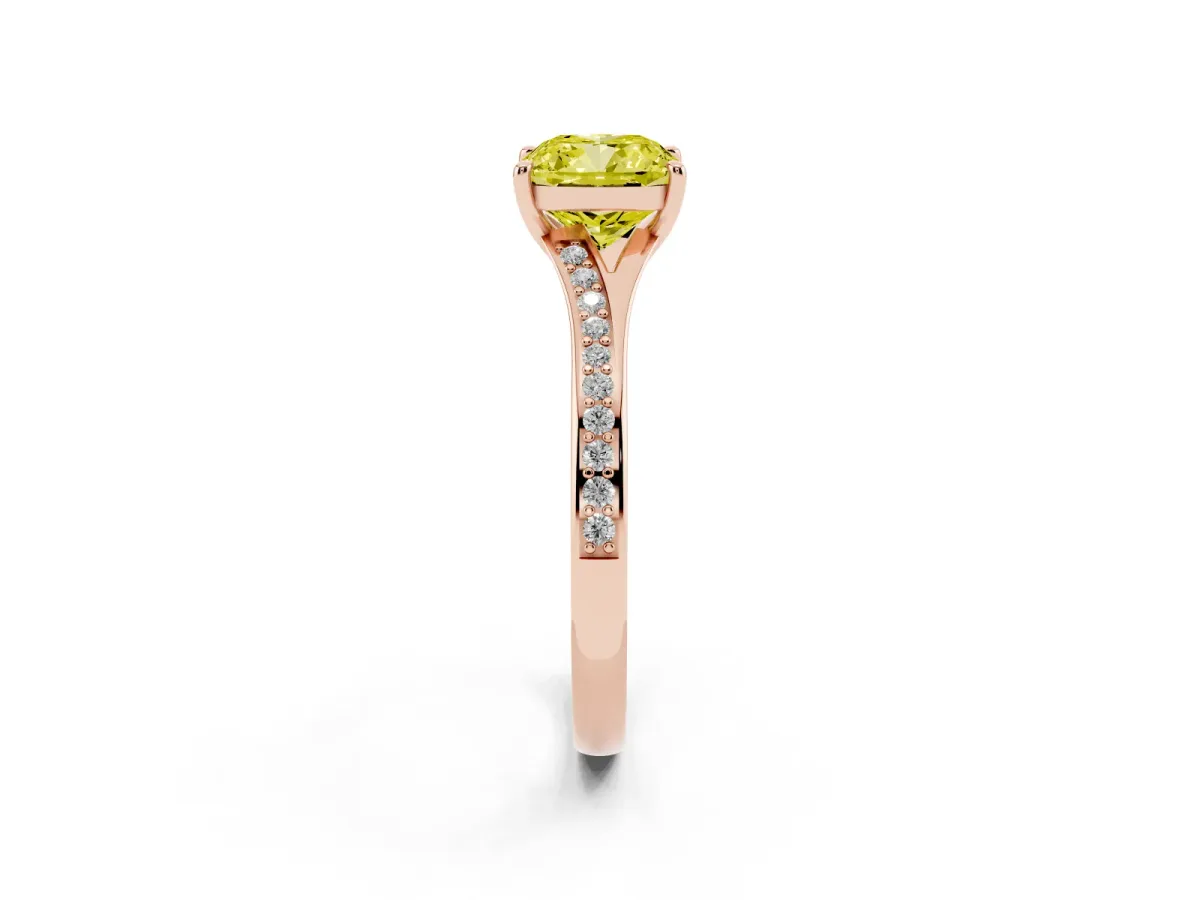 Fancy Yellow Cushion Cut Diamond Solitaire Ring with Pavé Band and Prong Setting Rose gold